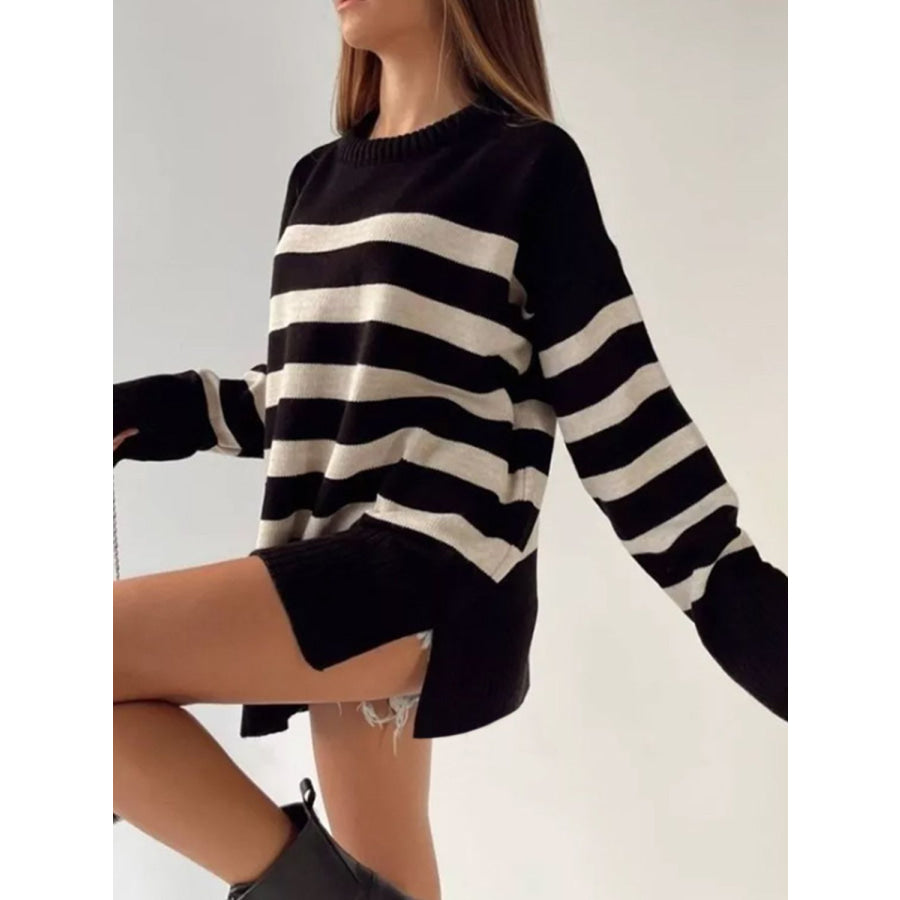 Slit Striped Round Neck Sweater Black / S Apparel and Accessories