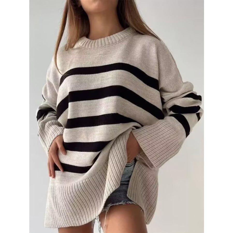 Slit Striped Round Neck Sweater Dust Storm / S Apparel and Accessories