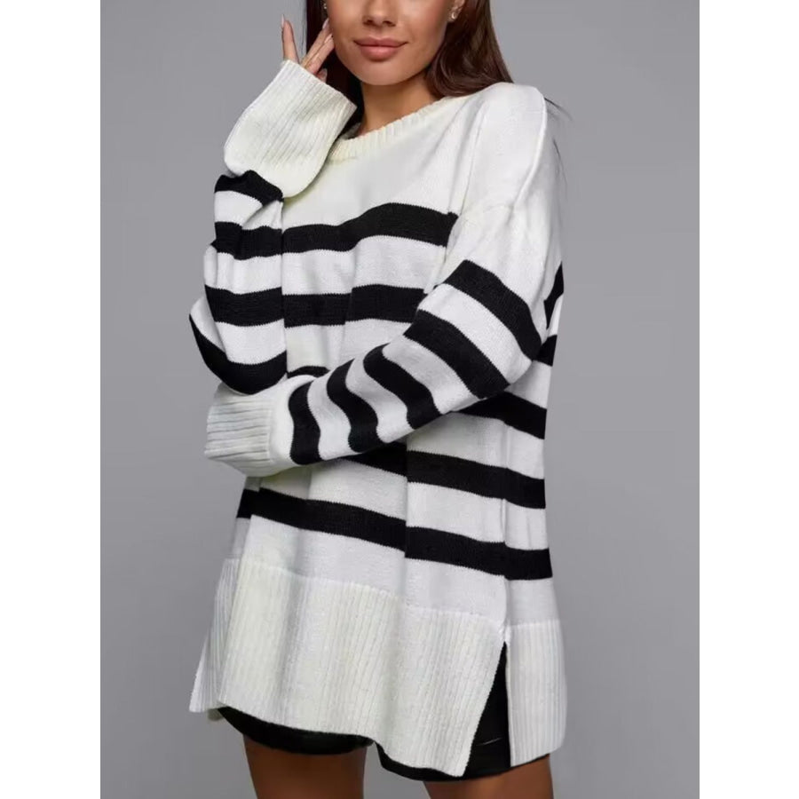 Slit Striped Round Neck Sweater Ivory / S Apparel and Accessories