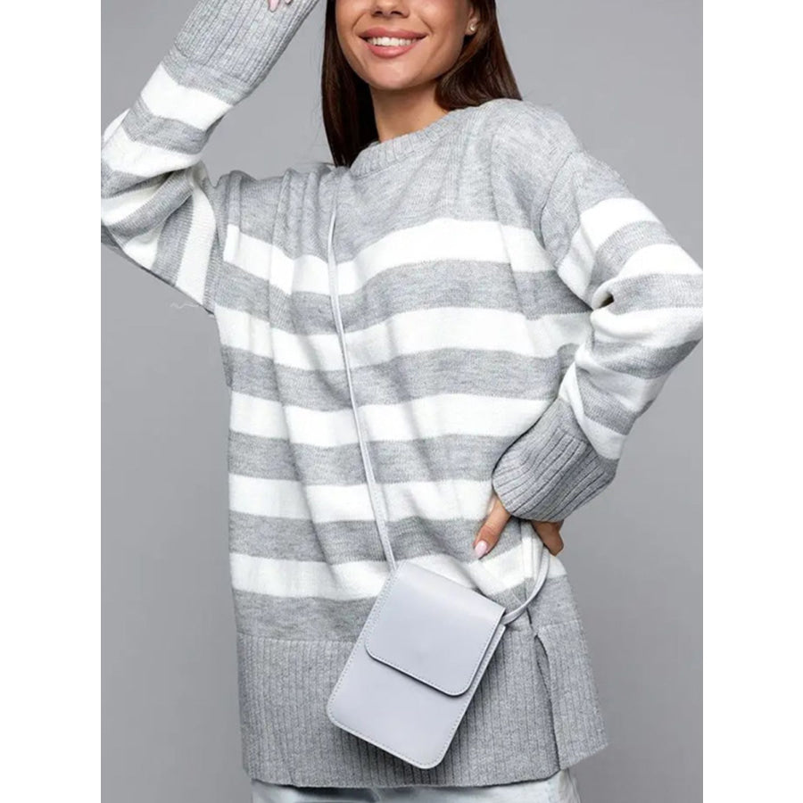 Slit Striped Round Neck Sweater Light Gray / S Apparel and Accessories