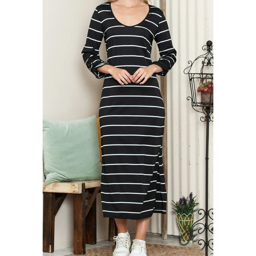 Slit Striped Scoop Neck Long Sleeve Midi Tee Dress Apparel and Accessories