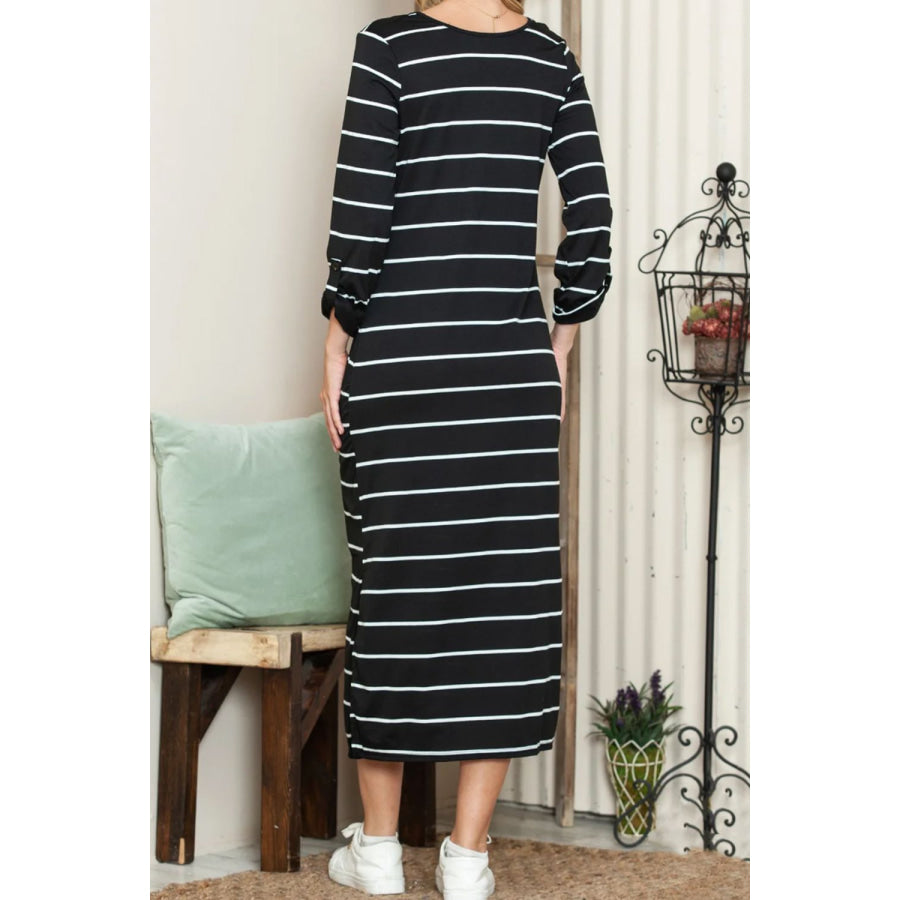 Slit Striped Scoop Neck Long Sleeve Midi Tee Dress Apparel and Accessories