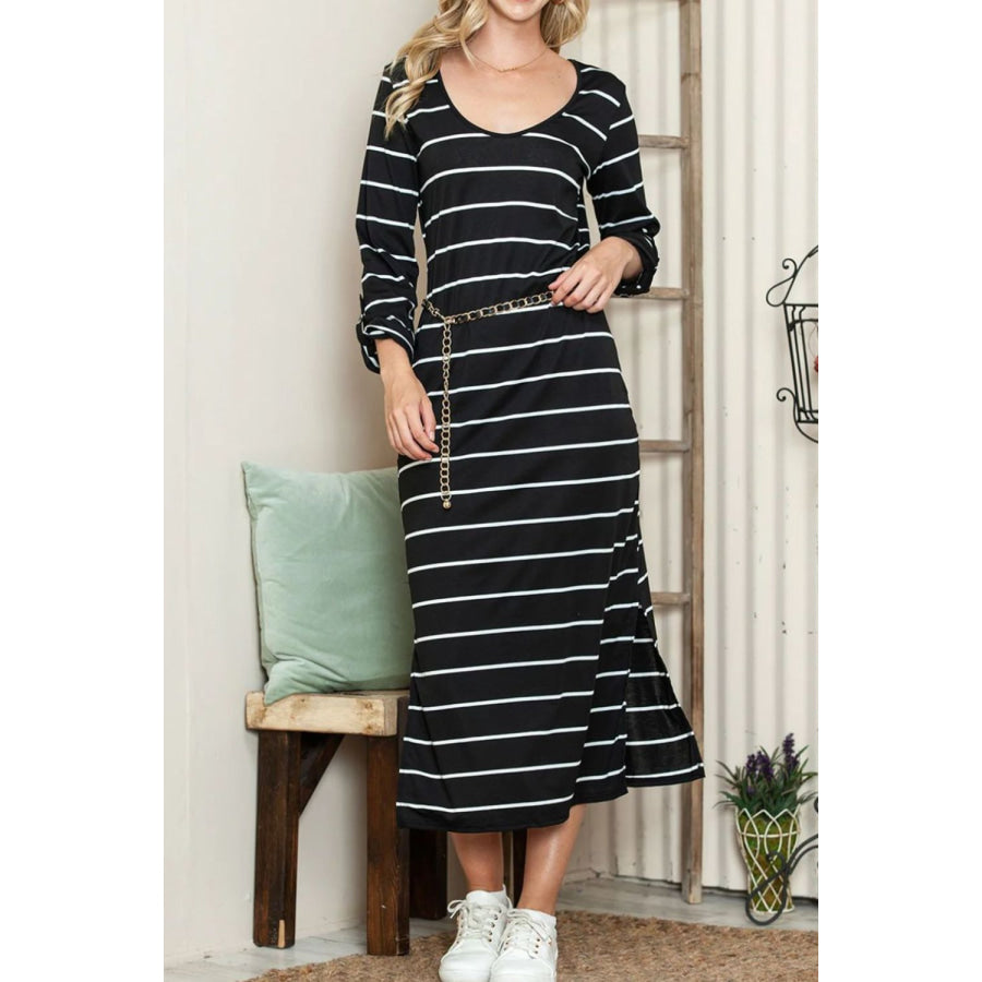 Slit Striped Scoop Neck Long Sleeve Midi Tee Dress Black / S Apparel and Accessories