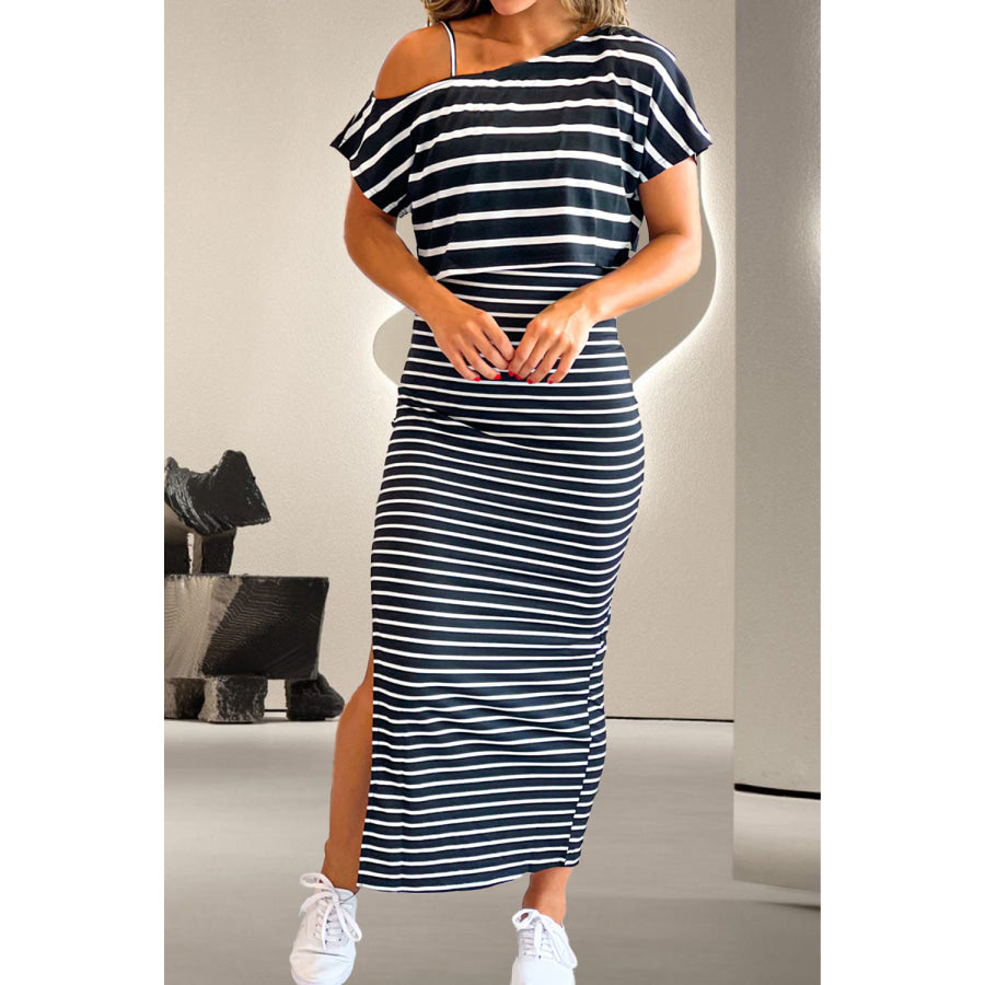 Slit Striped Short Sleeve Dress Stripe / S Apparel and Accessories