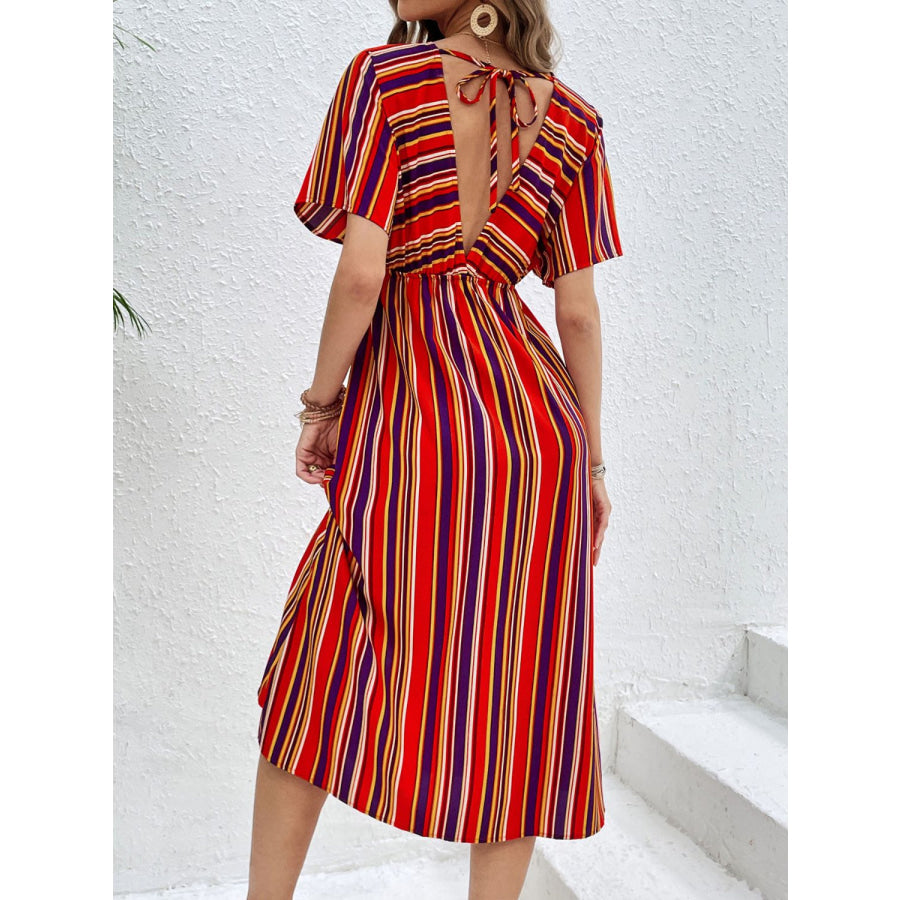 Slit Striped V-Neck Short Sleeve Midi Dress Apparel and Accessories