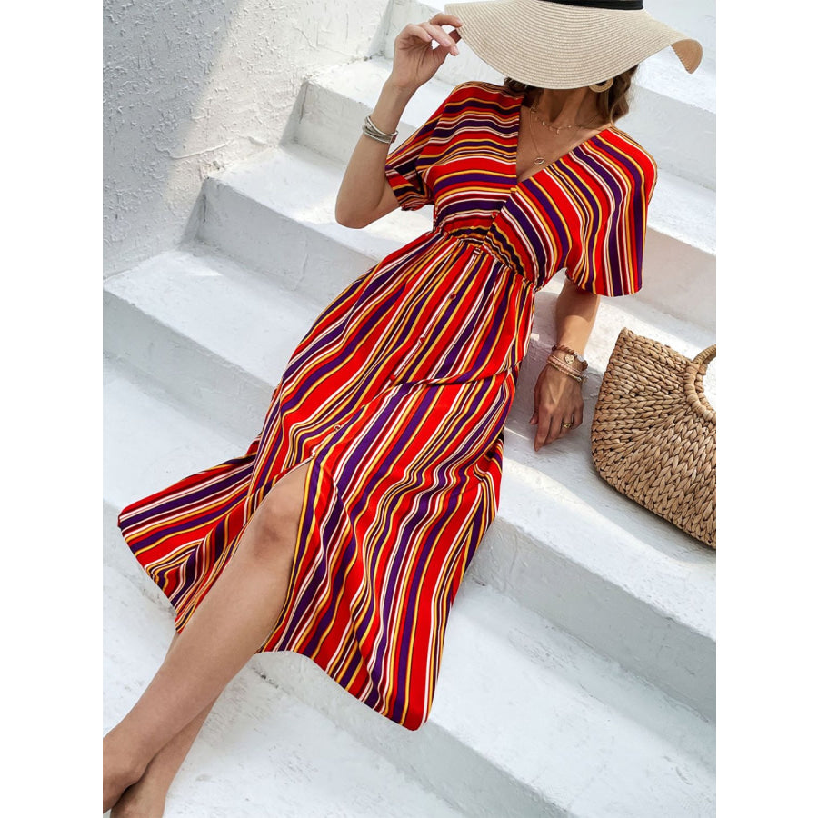 Slit Striped V-Neck Short Sleeve Midi Dress Apparel and Accessories