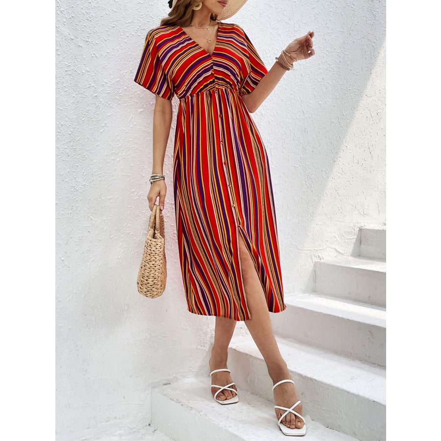 Slit Striped V-Neck Short Sleeve Midi Dress Apparel and Accessories