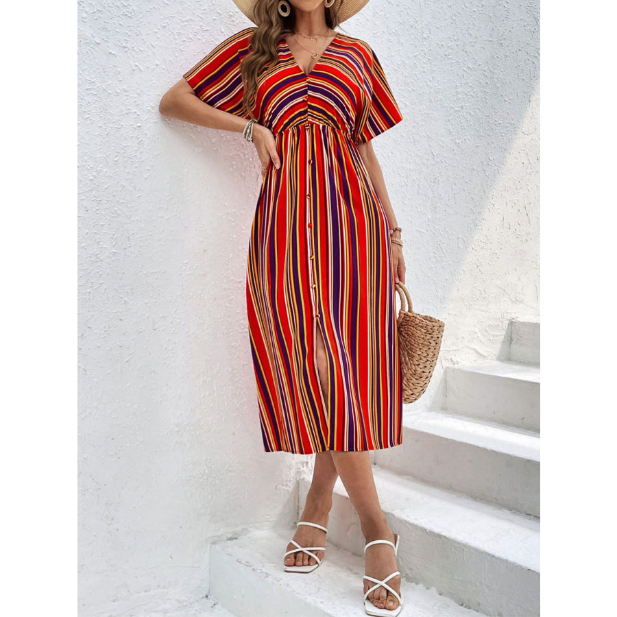 Slit Striped V-Neck Short Sleeve Midi Dress Apparel and Accessories