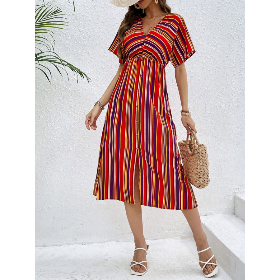 Slit Striped V-Neck Short Sleeve Midi Dress Scarlet / S Apparel and Accessories