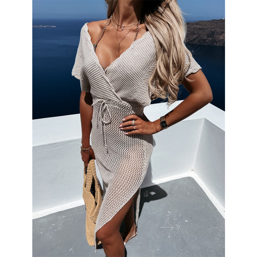 Slit Surplice Cap Sleeve Cover Up Tan / S Apparel and Accessories