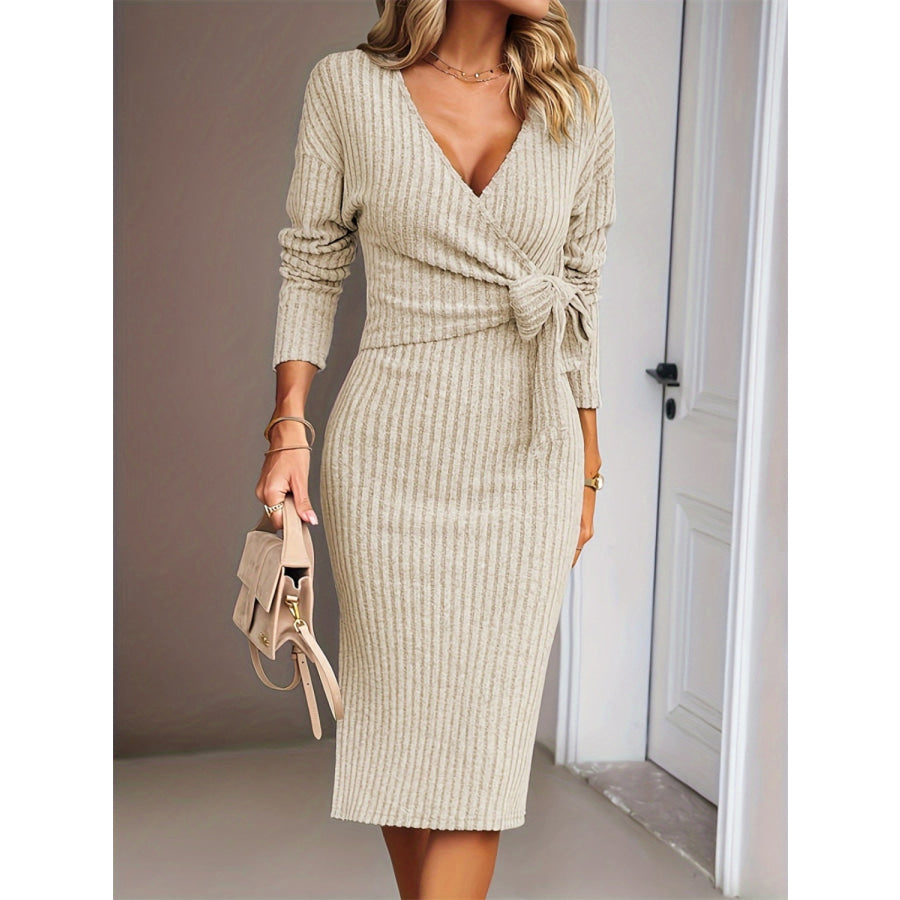 Slit Surplice Long Sleeve Dress Tan / S Apparel and Accessories