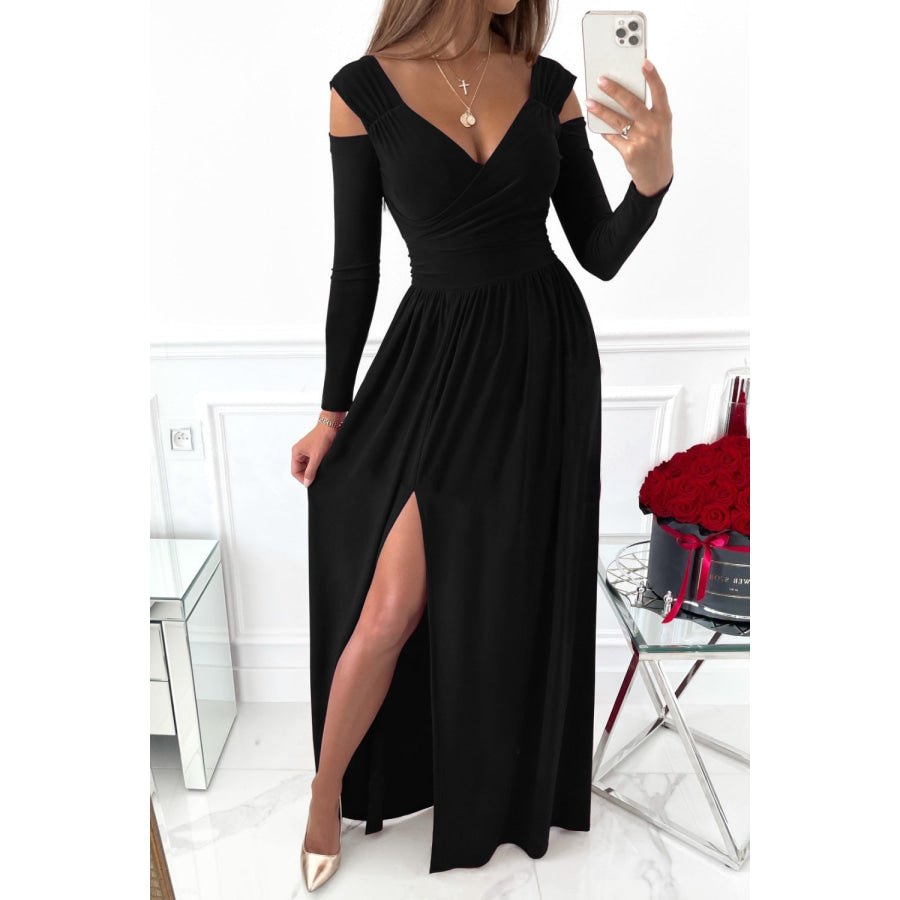 Slit Surplice Long Sleeve Maxi Dress Black / S Apparel and Accessories