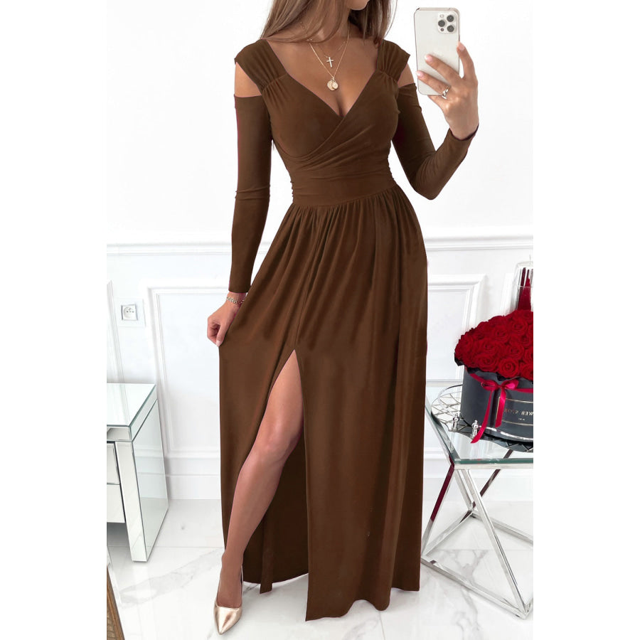 Slit Surplice Long Sleeve Maxi Dress Brown / S Apparel and Accessories