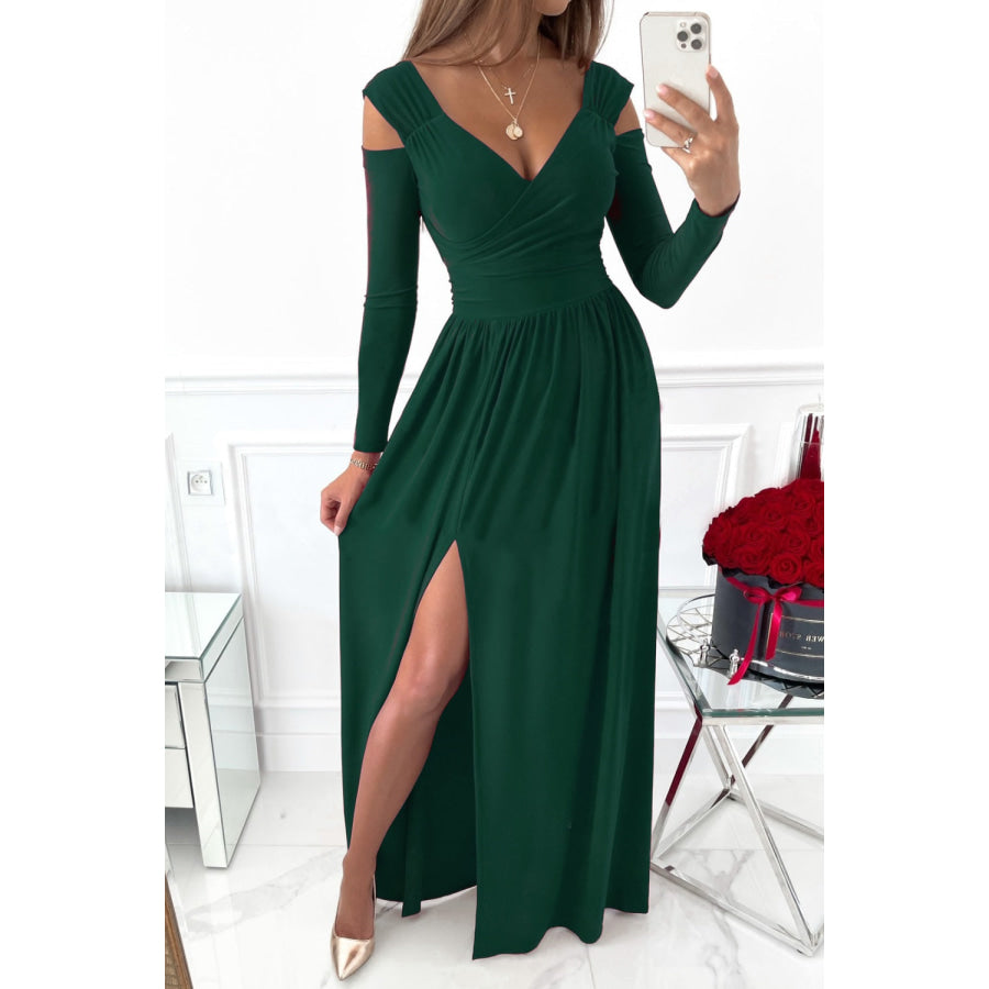 Slit Surplice Long Sleeve Maxi Dress Dark Green / S Apparel and Accessories