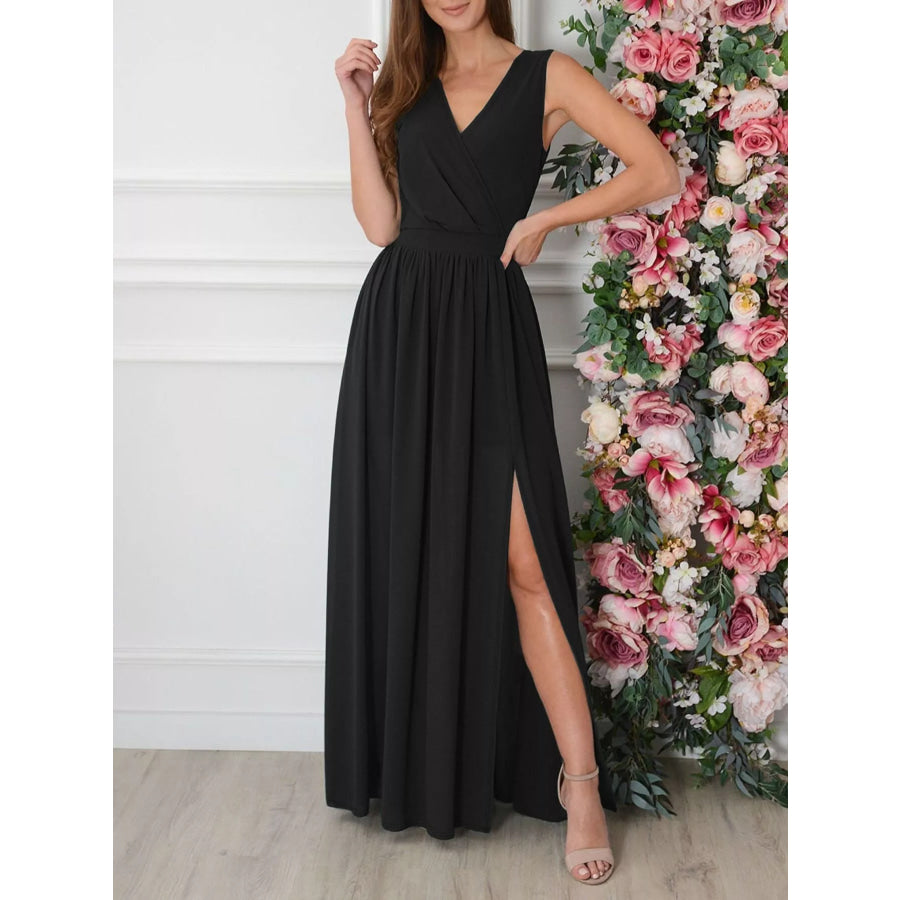 Slit Surplice Sleeveless Maxi Dress Black / S Apparel and Accessories