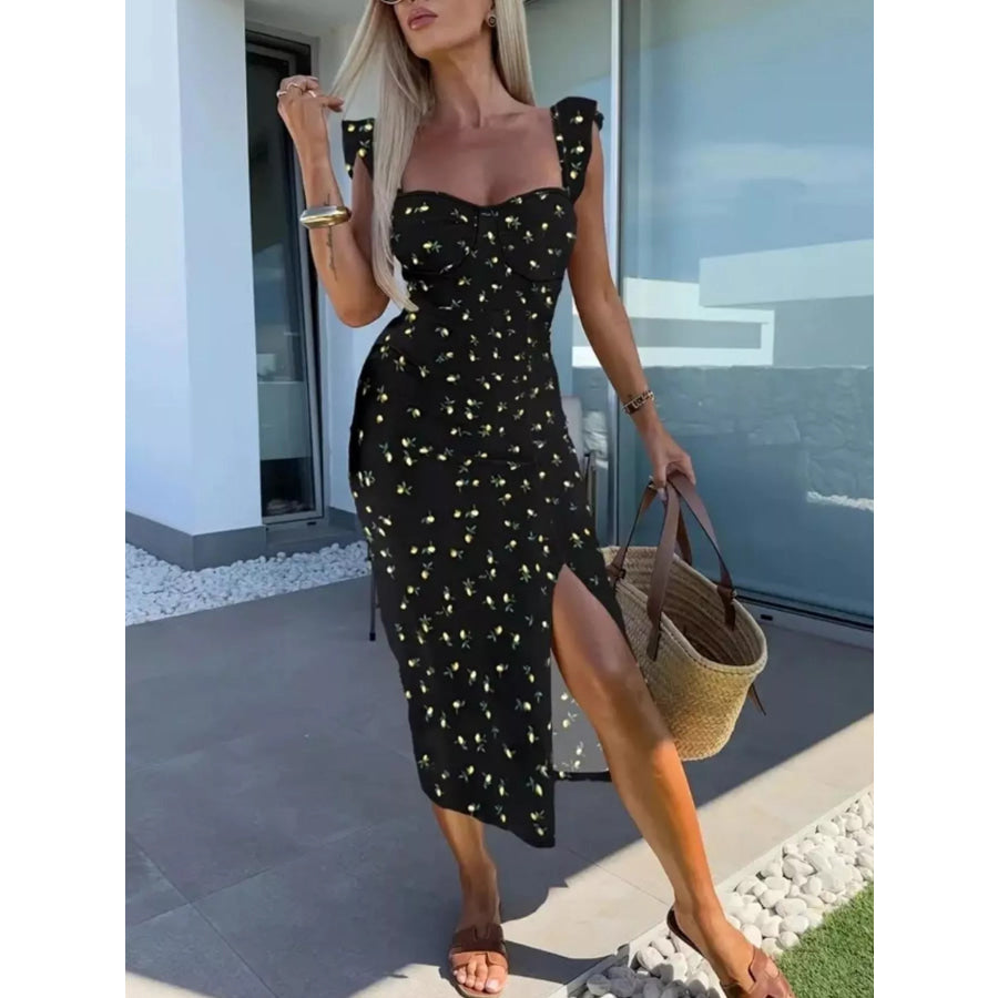 Slit Sweetheart Neck Midi Dress Floral / XS Apparel and Accessories