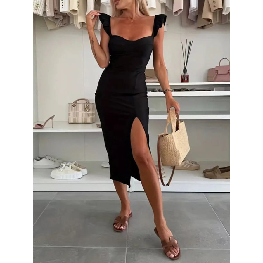 Slit Sweetheart Neck Midi Dress Pure Black / XS Apparel and Accessories