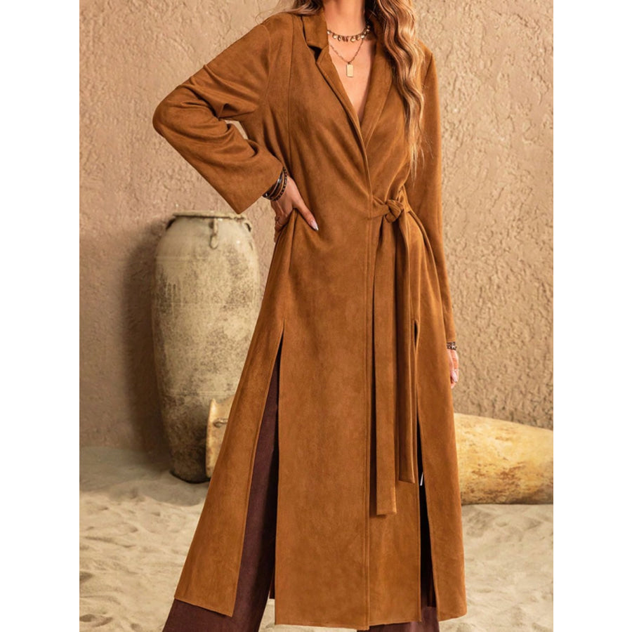 Slit Tied Collared Neck Longline Coat Apparel and Accessories