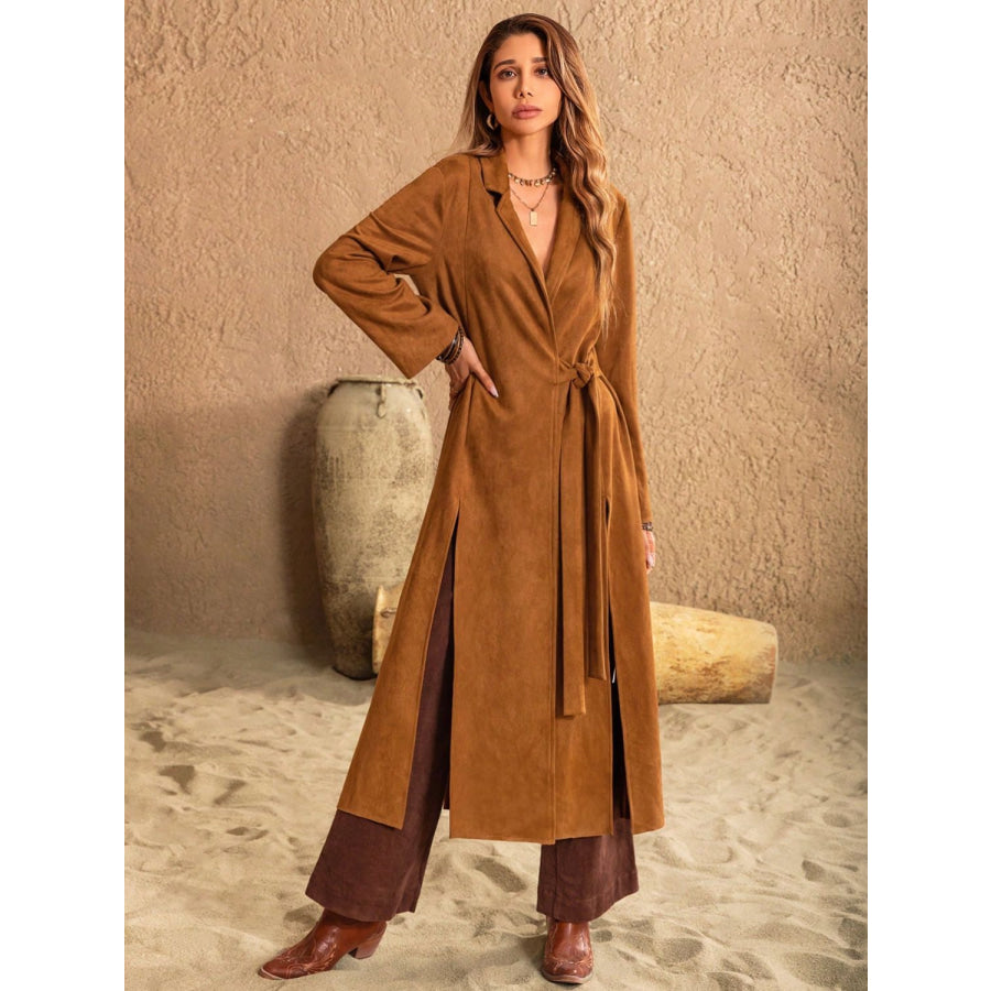 Slit Tied Collared Neck Longline Coat Apparel and Accessories