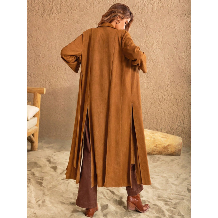 Slit Tied Collared Neck Longline Coat Caramel / S Apparel and Accessories