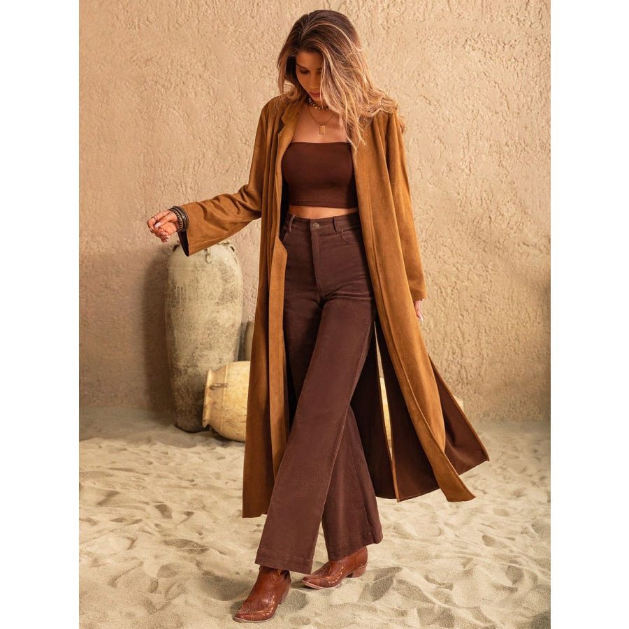 Slit Tied Collared Neck Longline Coat Apparel and Accessories