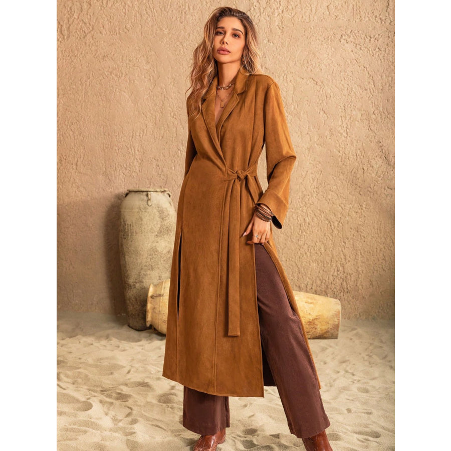 Slit Tied Collared Neck Longline Coat Caramel / S Apparel and Accessories