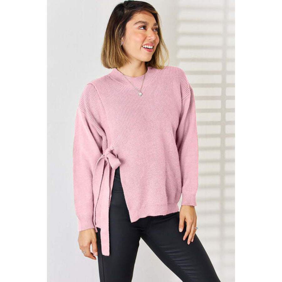 Slit Tied Dropped Shoulder Sweater Blush Pink / S Apparel and Accessories