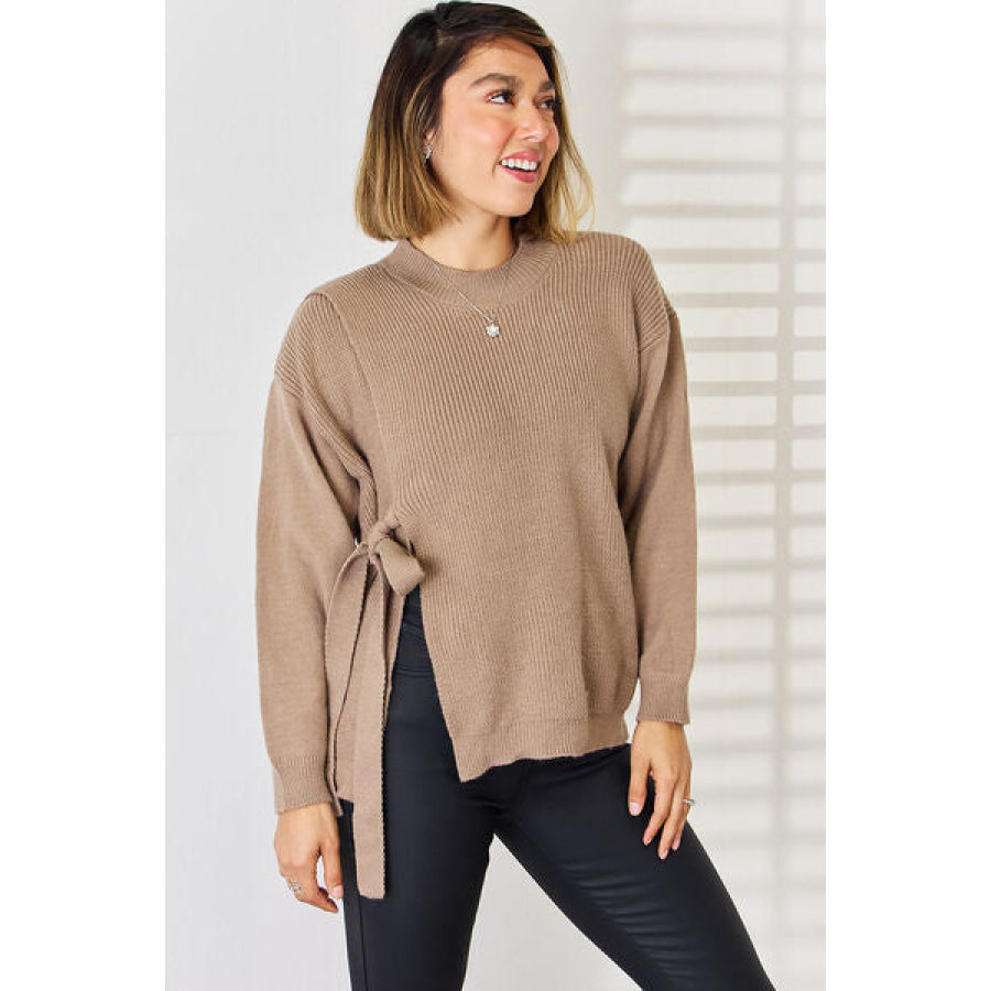 Slit Tied Dropped Shoulder Sweater Taupe / S Apparel and Accessories