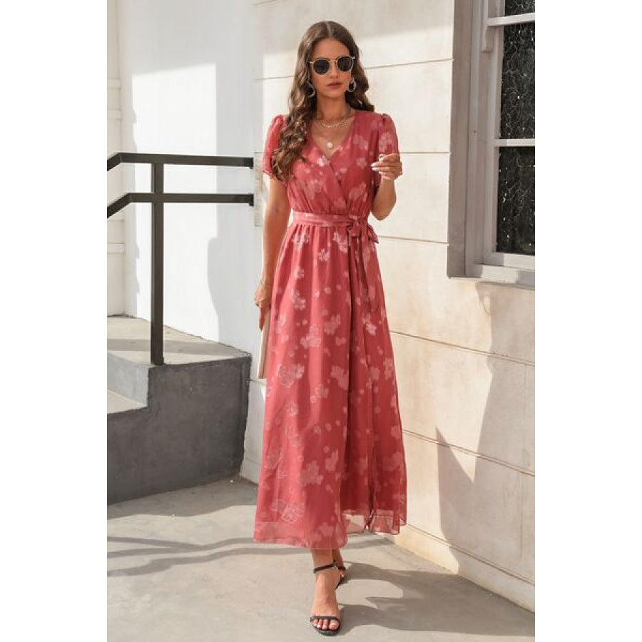 Slit Tied Floral Short Sleeve Dress Burnt Coral / S Apparel and Accessories