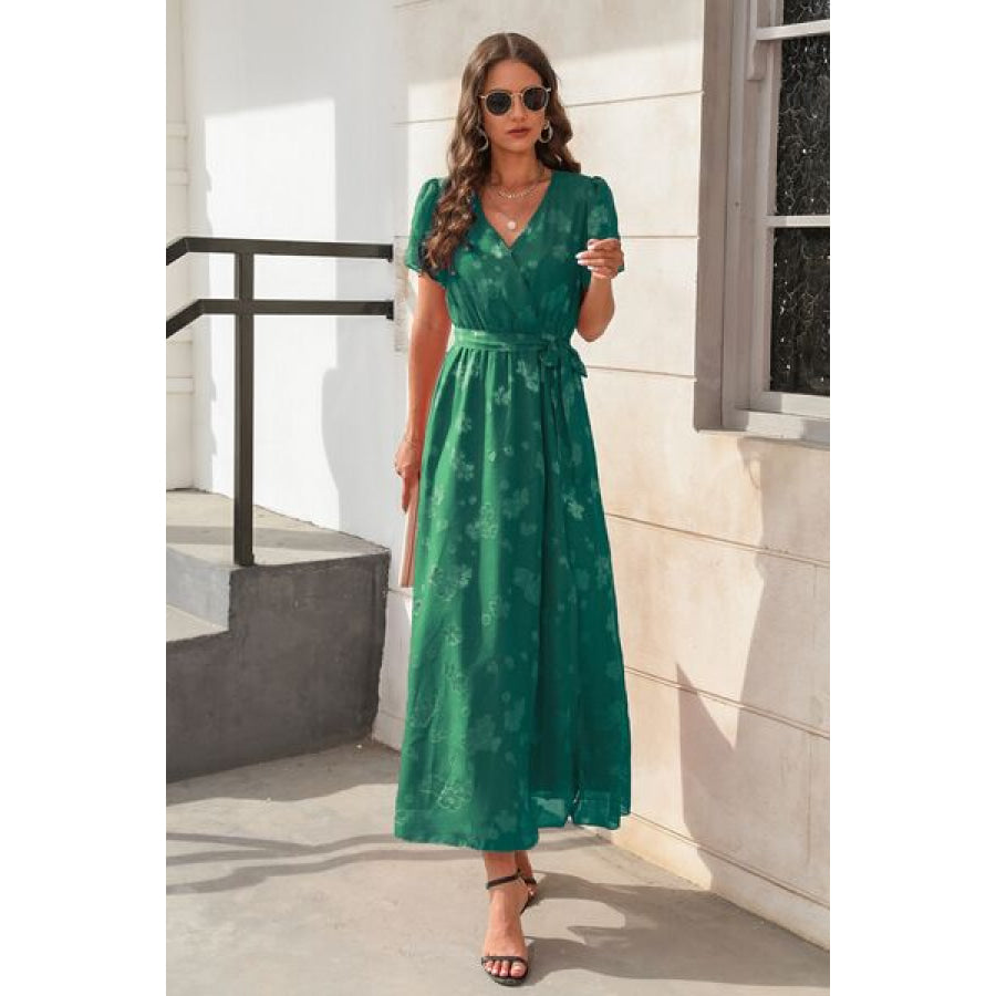 Slit Tied Floral Short Sleeve Dress Green / S Apparel and Accessories