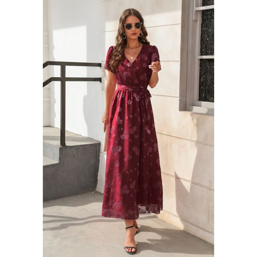 Slit Tied Floral Short Sleeve Dress Wine / S Apparel and Accessories