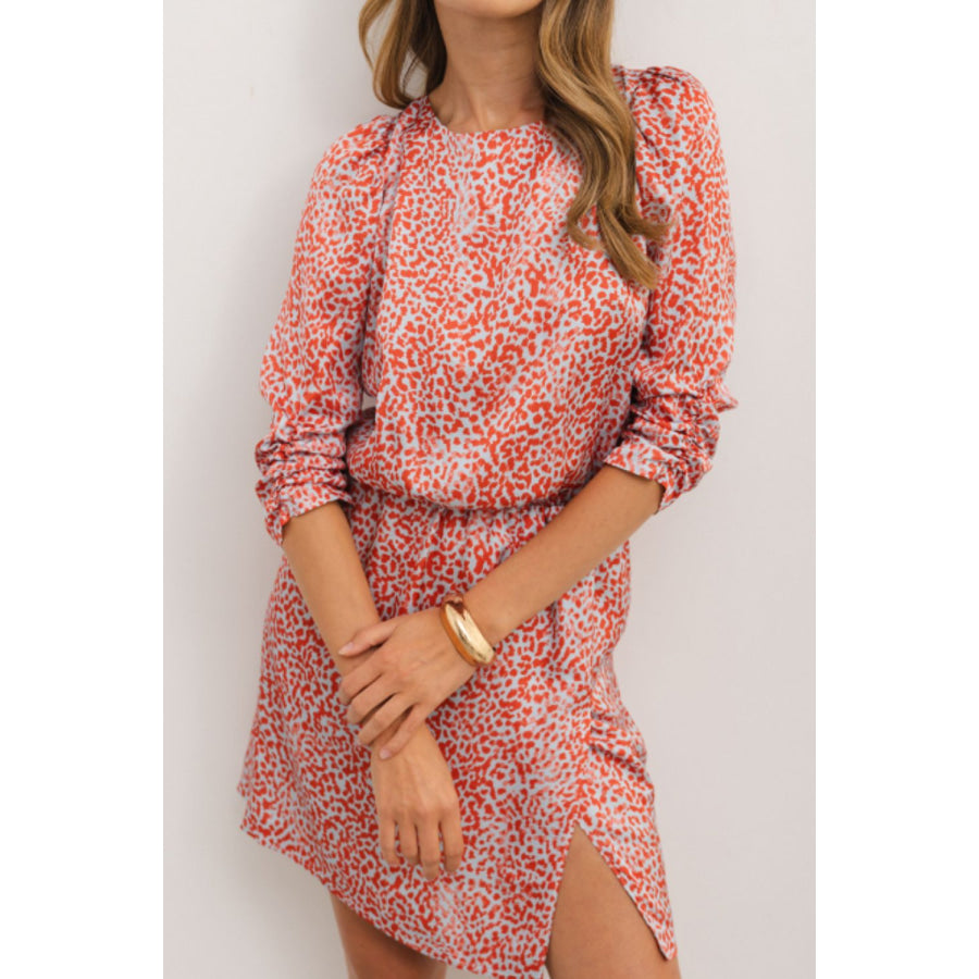 Slit Tied Printed Round Neck Mini Dress Apparel and Accessories