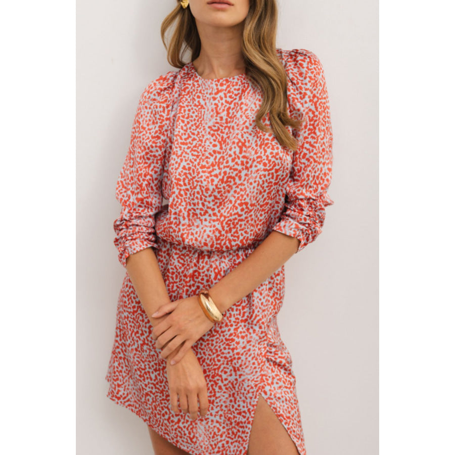 Slit Tied Printed Round Neck Mini Dress Coral / S Apparel and Accessories