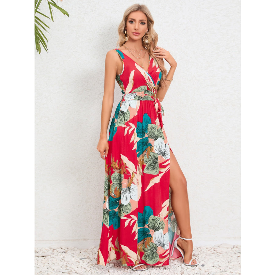 Slit Tied Printed Surplice Dress Apparel and Accessories