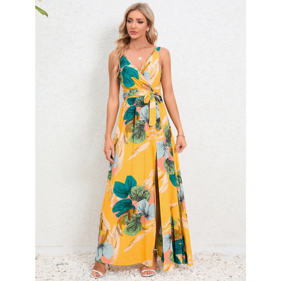 Slit Tied Printed Surplice Dress Mustard / S Apparel and Accessories