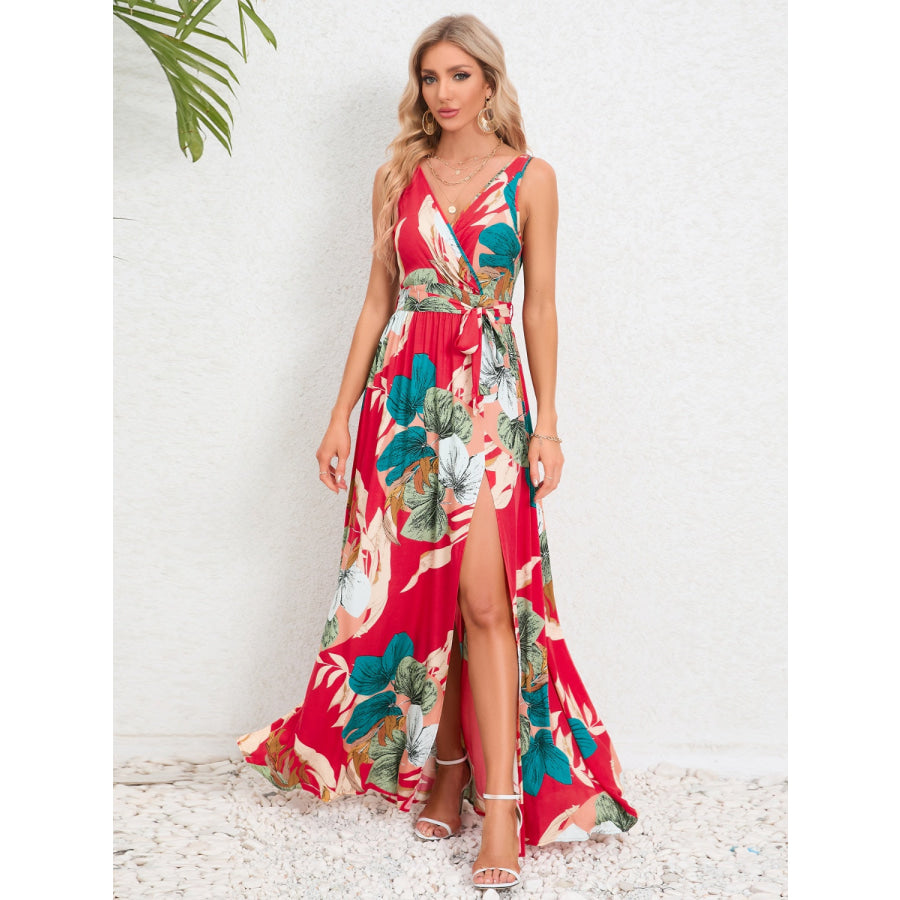 Slit Tied Printed Surplice Dress Red / S Apparel and Accessories