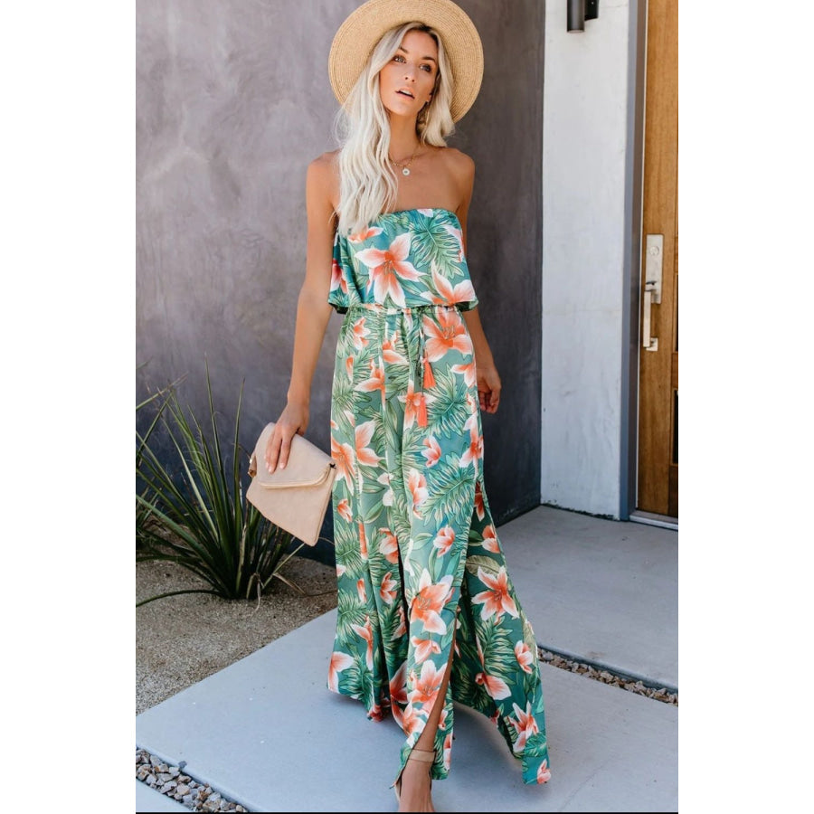 Slit Tropical Sleeveless Tube Dress Apparel and Accessories