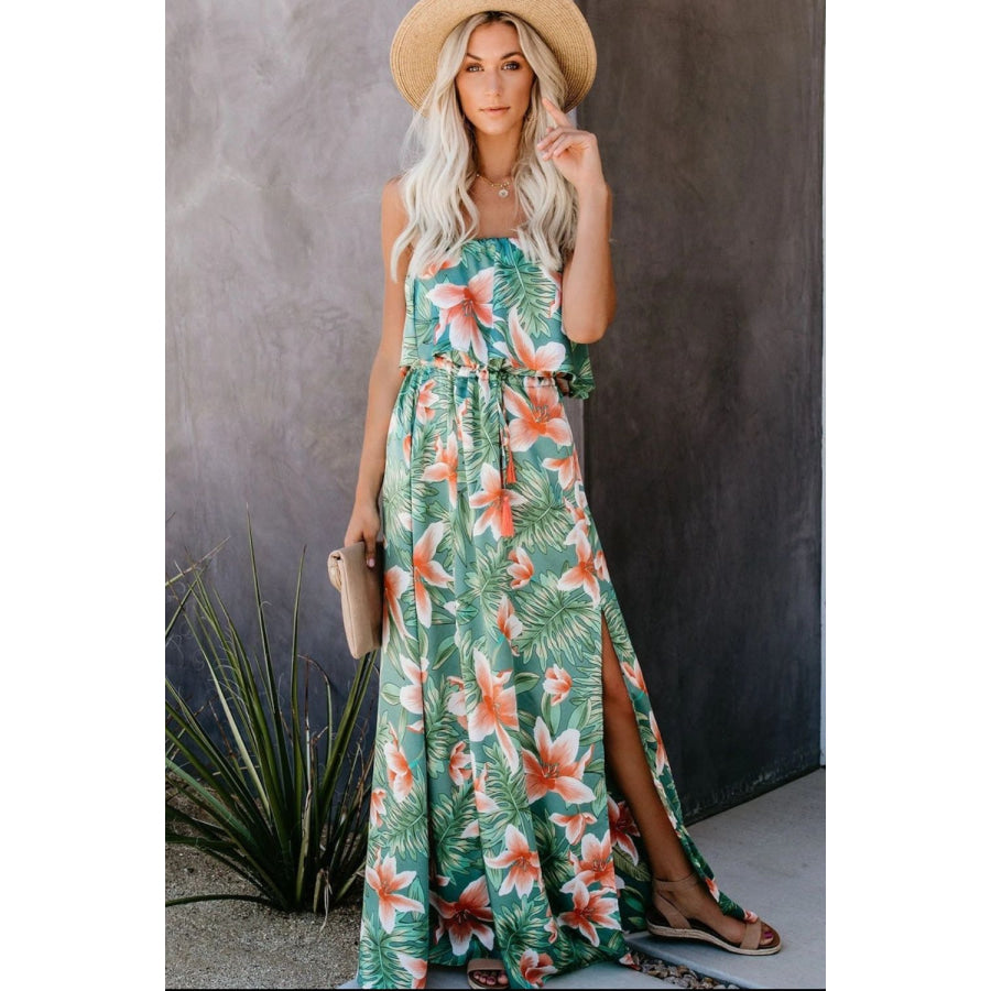 Slit Tropical Sleeveless Tube Dress Floral / S Apparel and Accessories