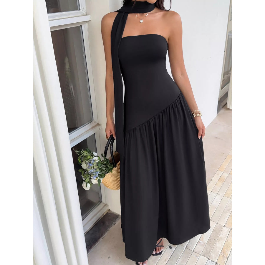 Slit Tube Maxi Dress with Scarf Apparel and Accessories