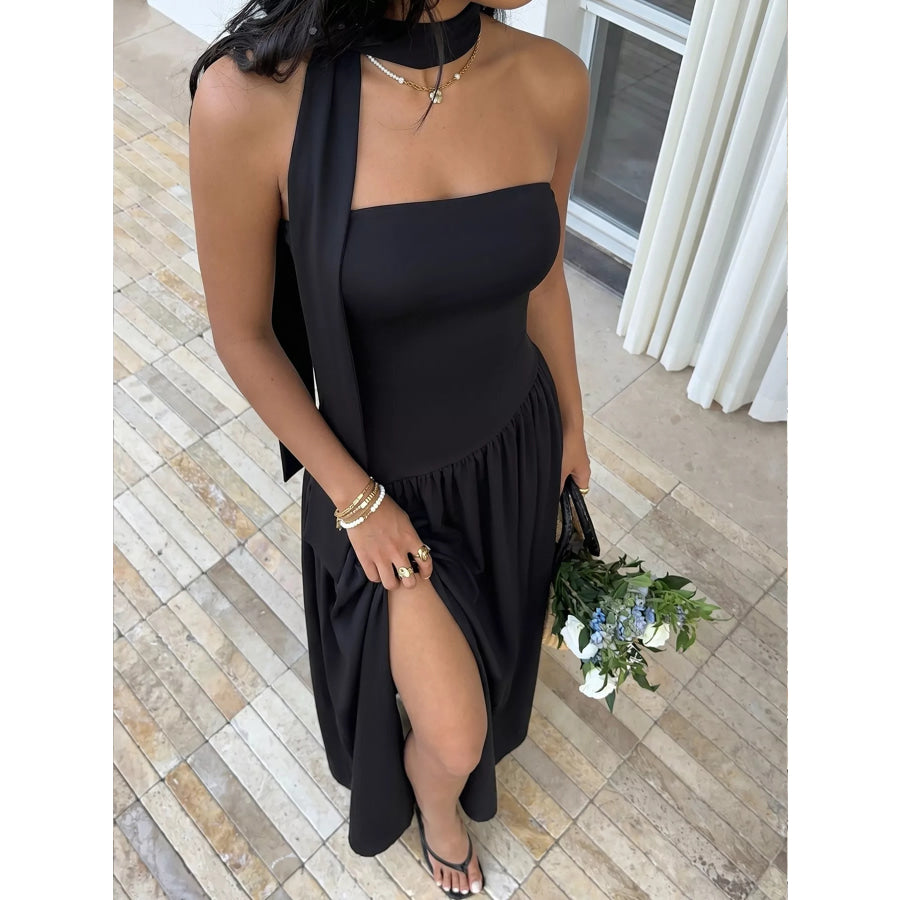 Slit Tube Maxi Dress with Scarf Apparel and Accessories