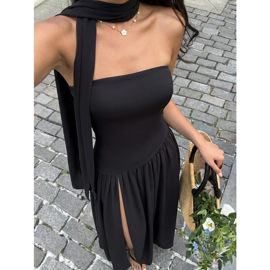Slit Tube Maxi Dress with Scarf Black / S Apparel and Accessories