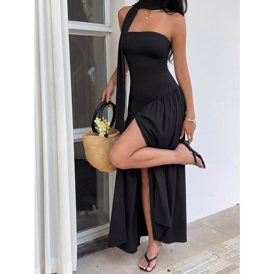 Slit Tube Maxi Dress with Scarf Apparel and Accessories