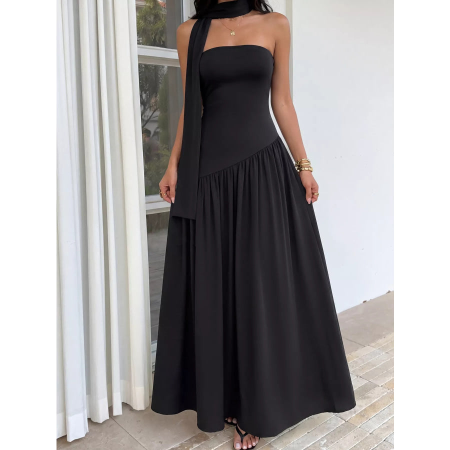 Slit Tube Maxi Dress with Scarf Black / S Apparel and Accessories