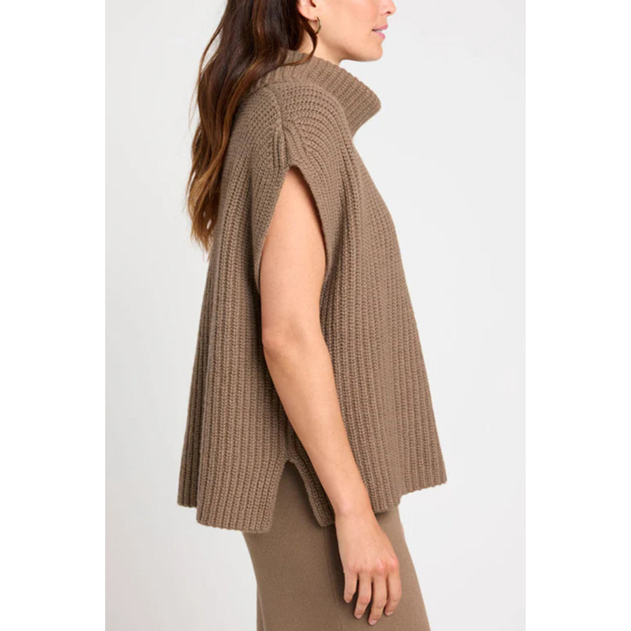 Slit Turtleneck Cap Sleeve Sweater Apparel and Accessories