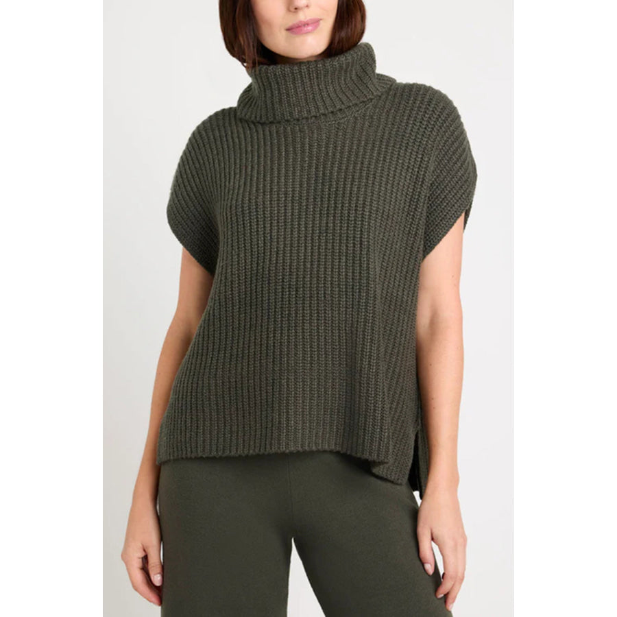 Slit Turtleneck Cap Sleeve Sweater Apparel and Accessories