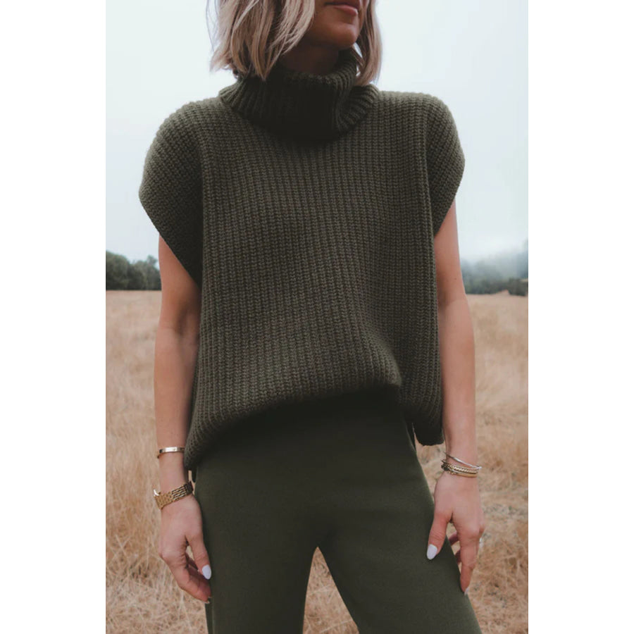 Slit Turtleneck Cap Sleeve Sweater Army Green / S Apparel and Accessories