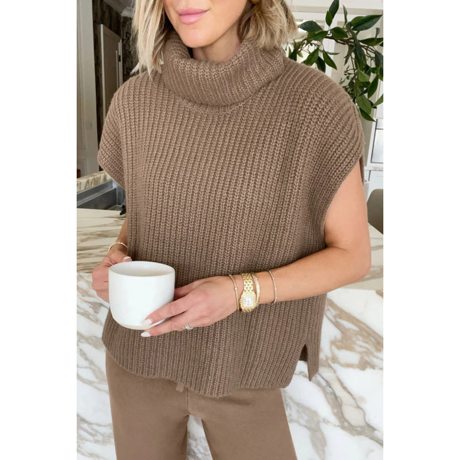 Slit Turtleneck Cap Sleeve Sweater Taupe / S Apparel and Accessories