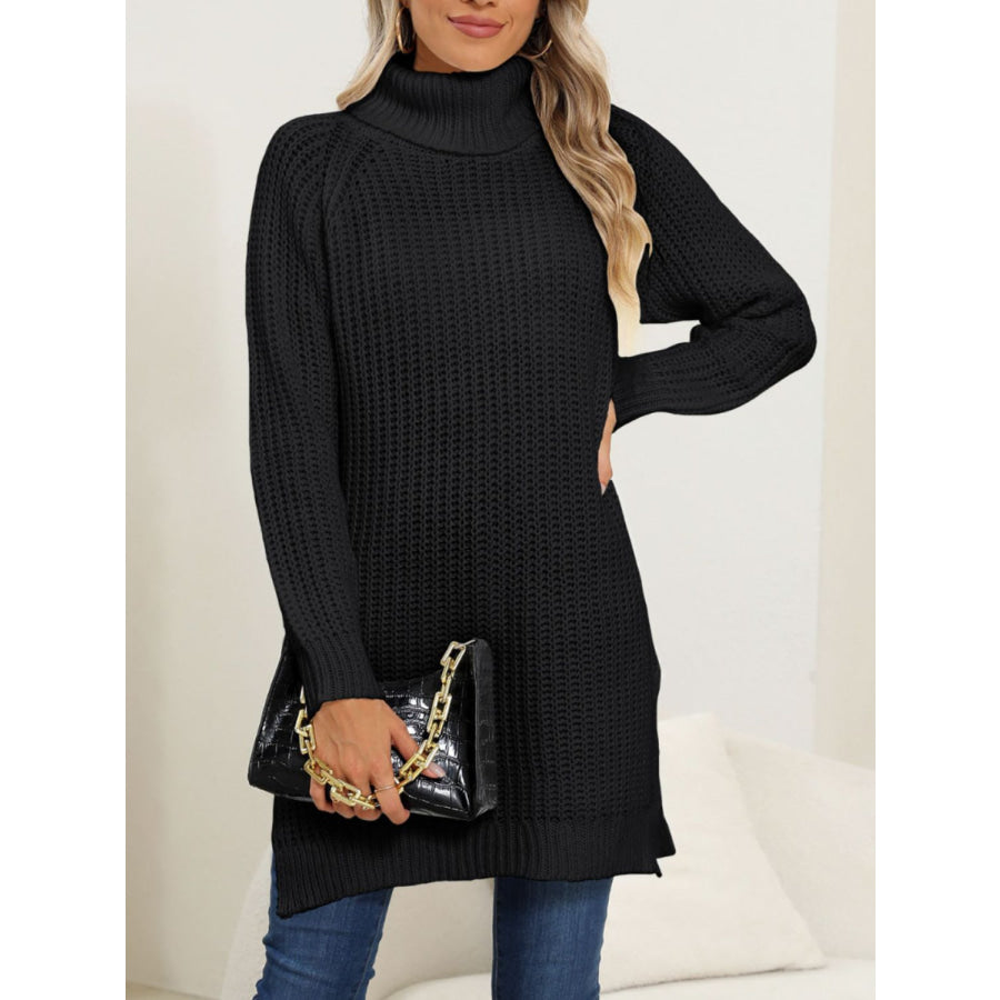 Slit Turtleneck Long Sleeve Sweater Apparel and Accessories