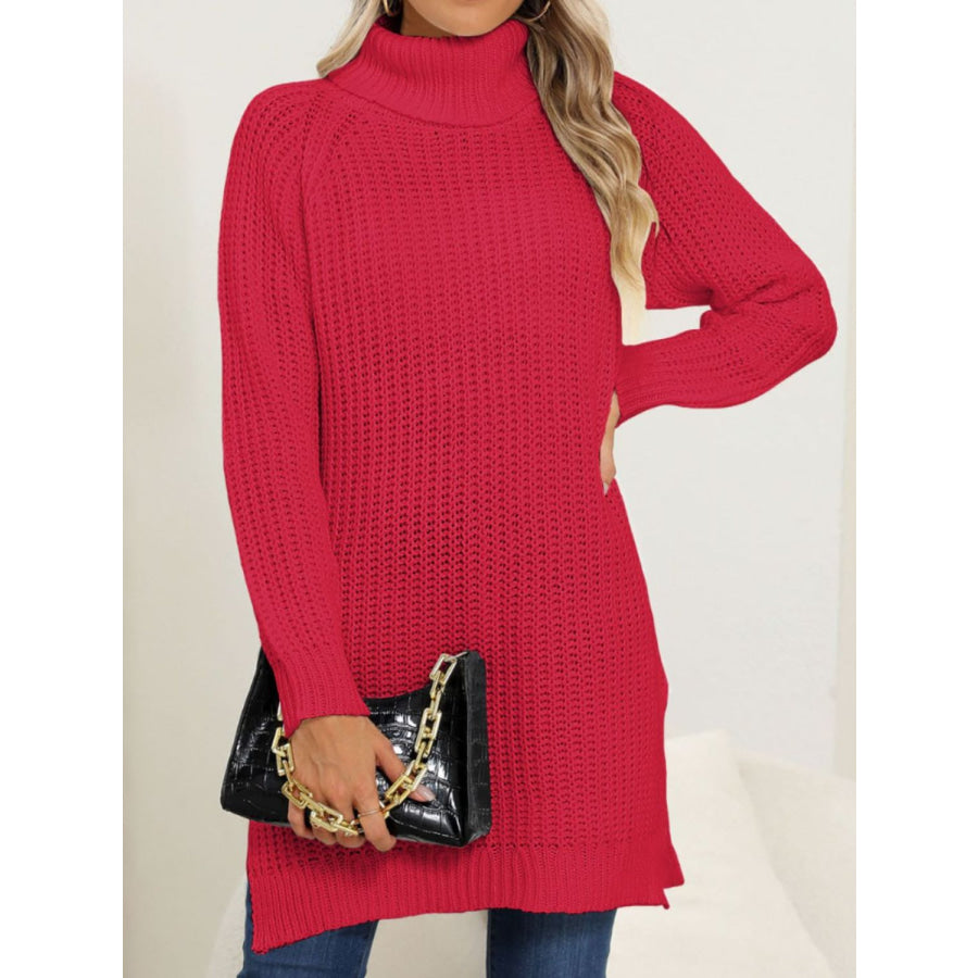 Slit Turtleneck Long Sleeve Sweater Apparel and Accessories