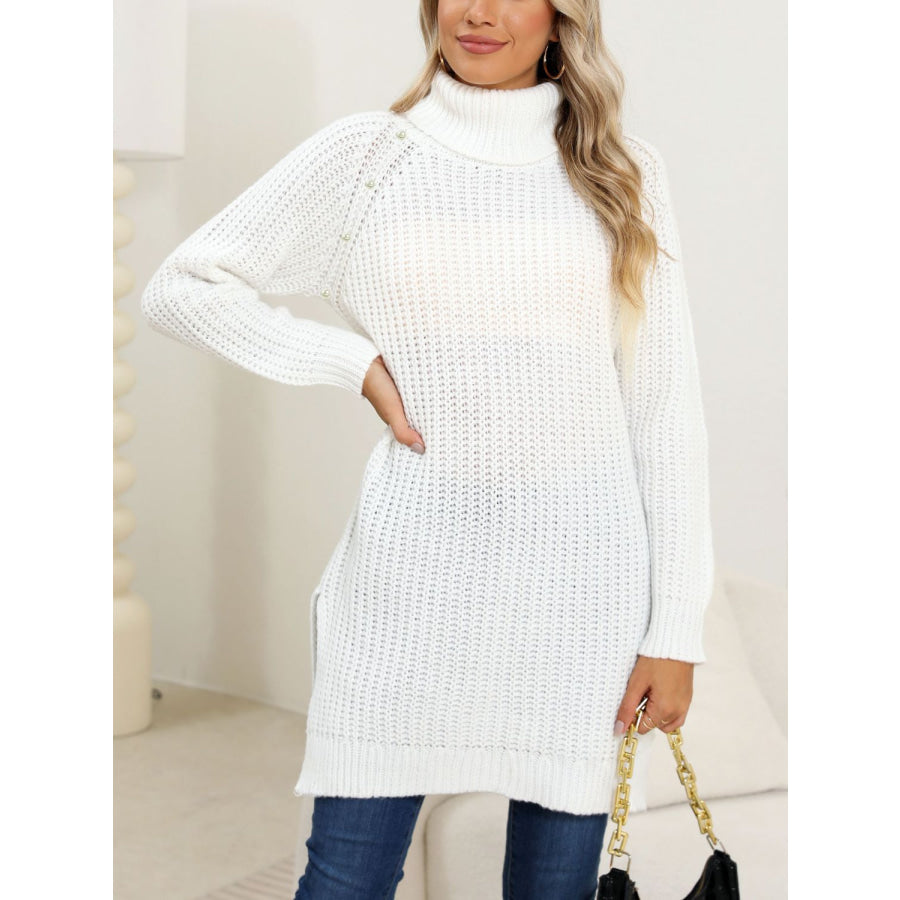 Slit Turtleneck Long Sleeve Sweater Apparel and Accessories